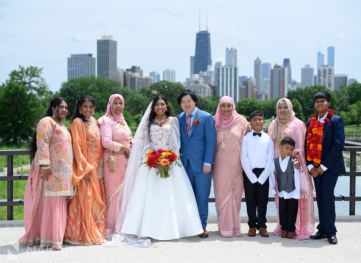 south asian wedding family photo on south pond bridge in chicago