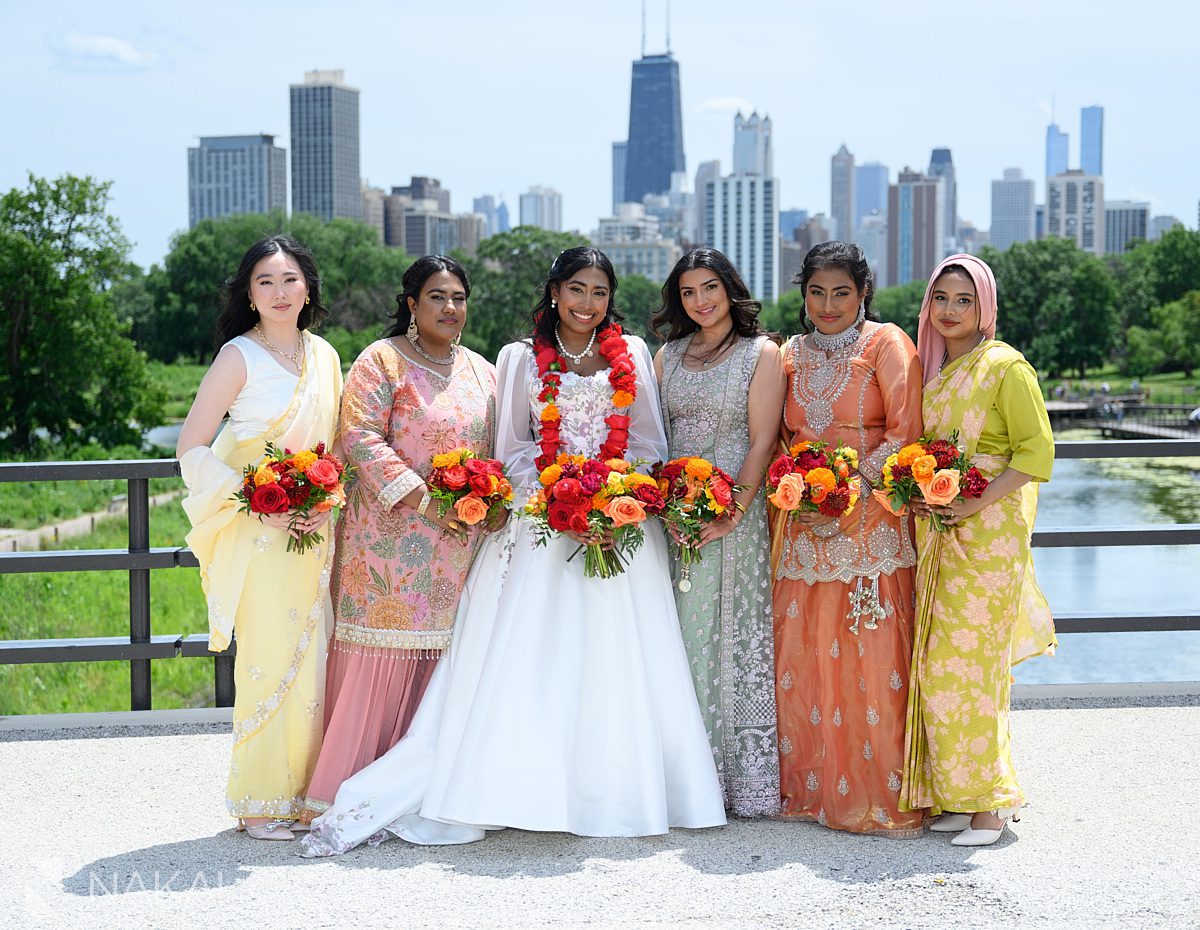 south asian bridesmaids on south pond bridge wedding photo