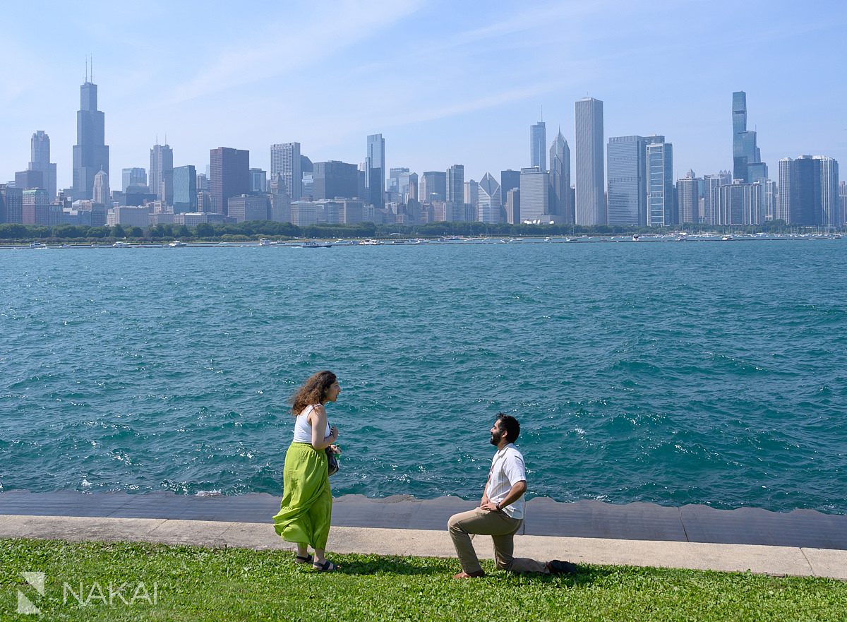 on bended knee adler planetarium proposal photos with skyline in background