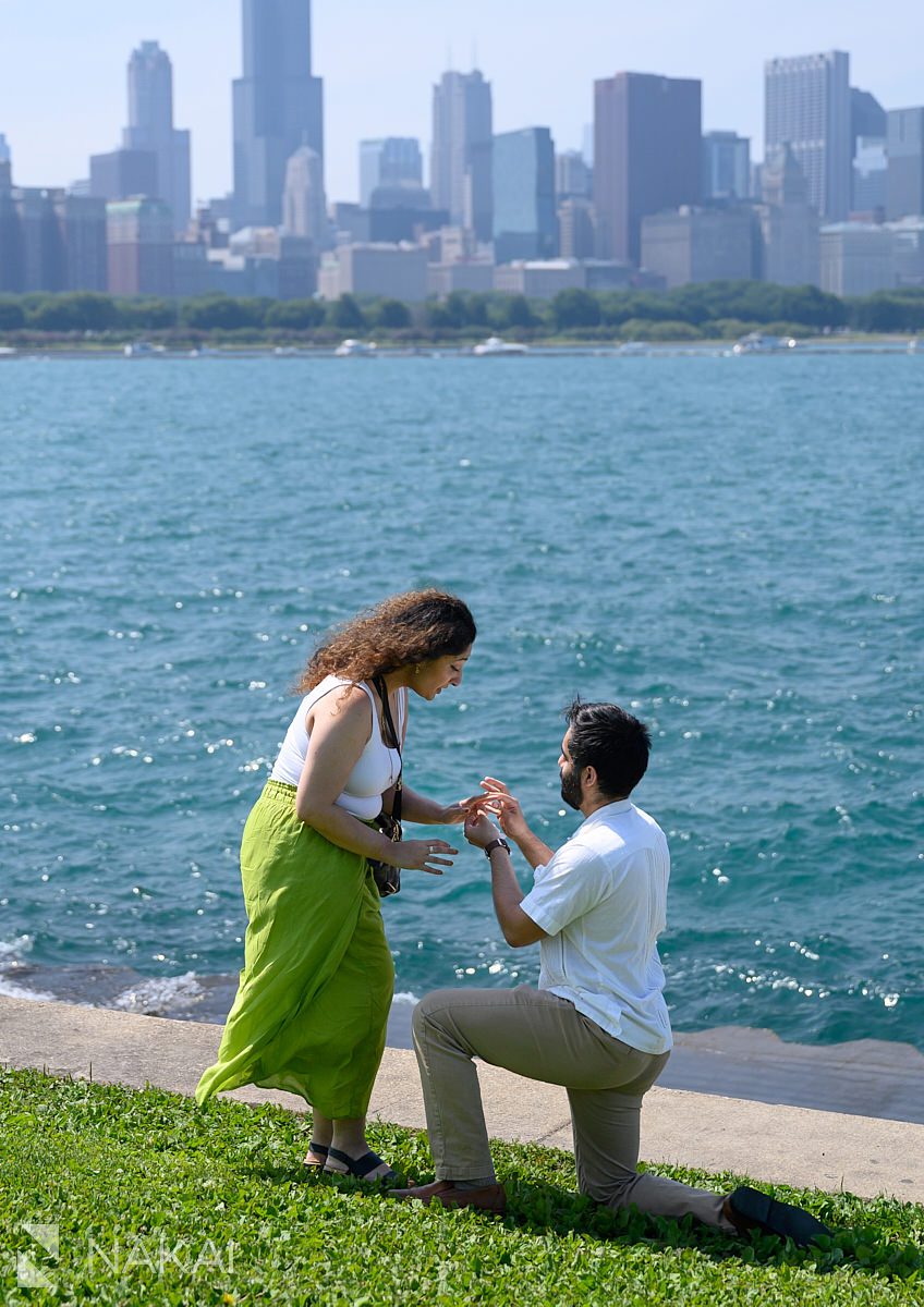 chicago adler planetarium proposal, guy on bended knee, putting ring on her finger