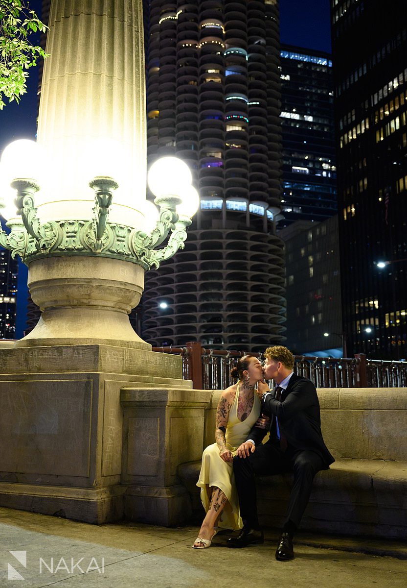 romantic chicago nigh time riverwalk engagement