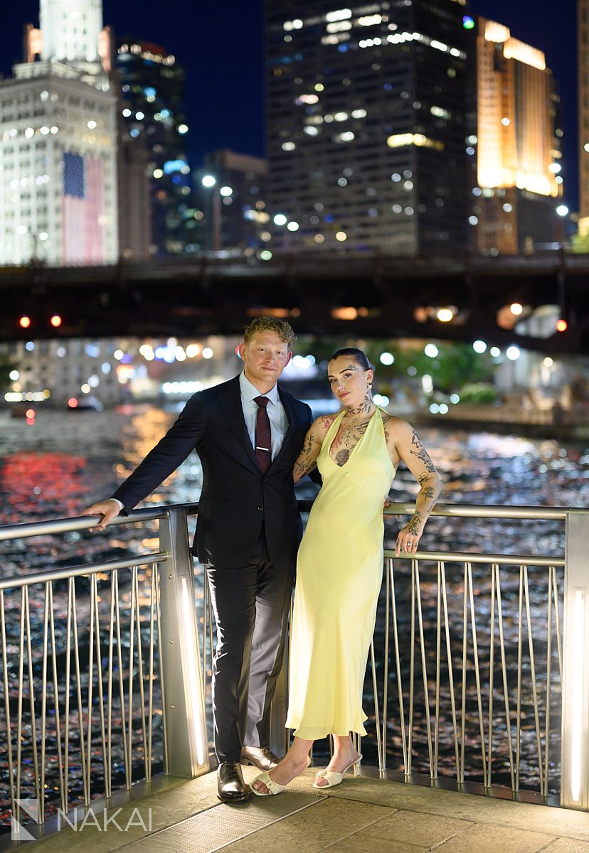 romantic chicago night time riverwalk engagement 