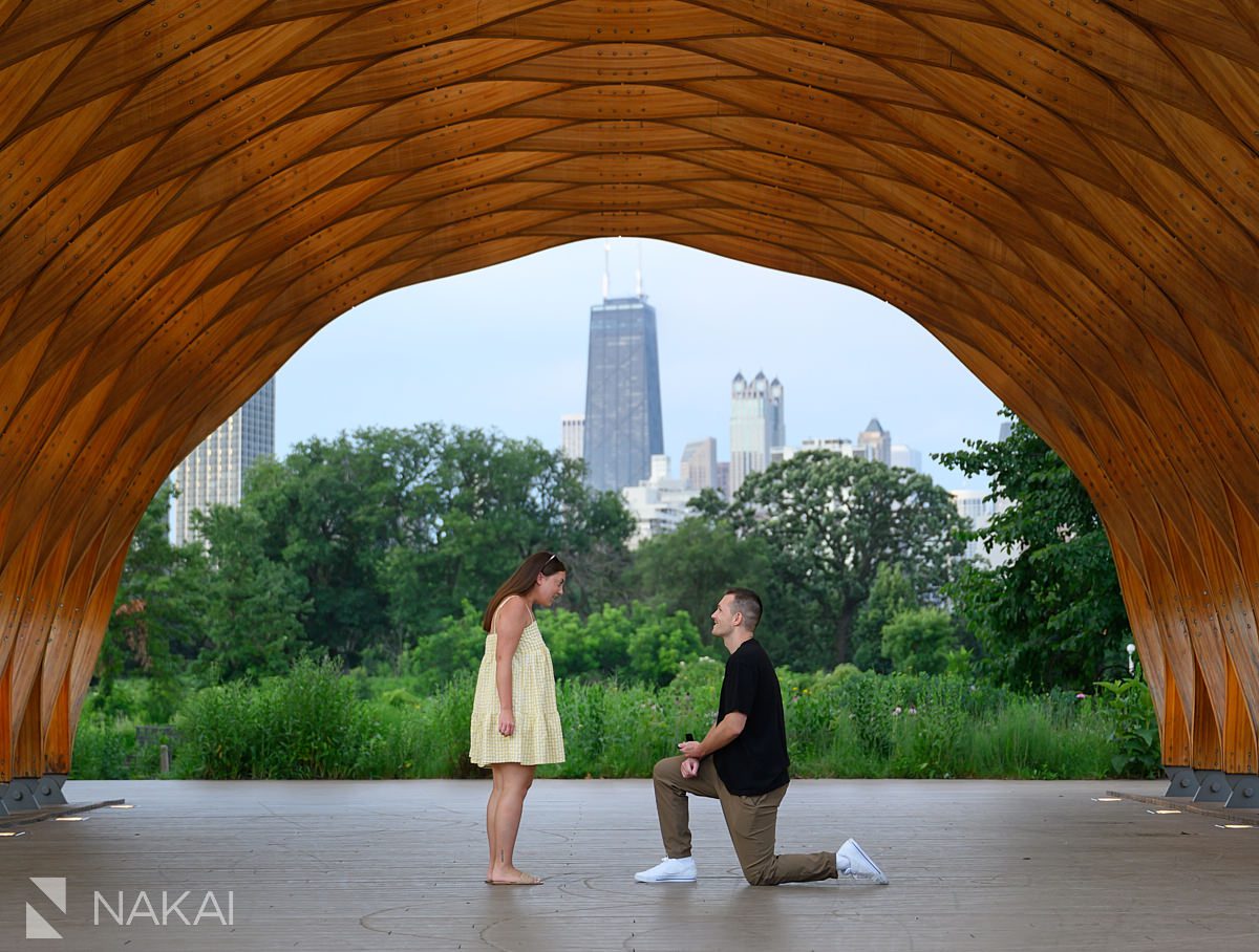 looking at ring box during peoples gas pavilion proposal aka honeycomb in Chicago