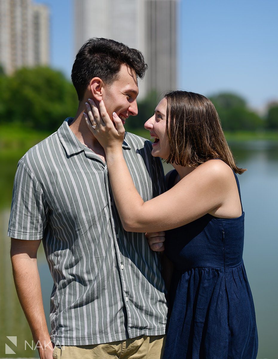 laughing together chicago water engagement photos