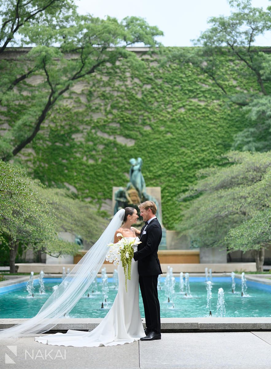 bride groom art institute wedding photos in front of pool