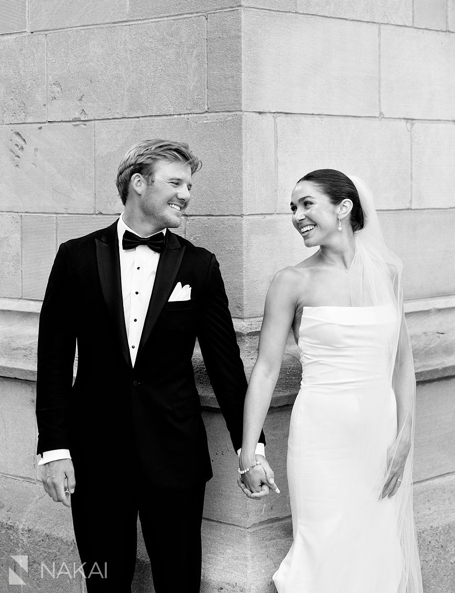 bride and groom around a corner in chicago wedding photo