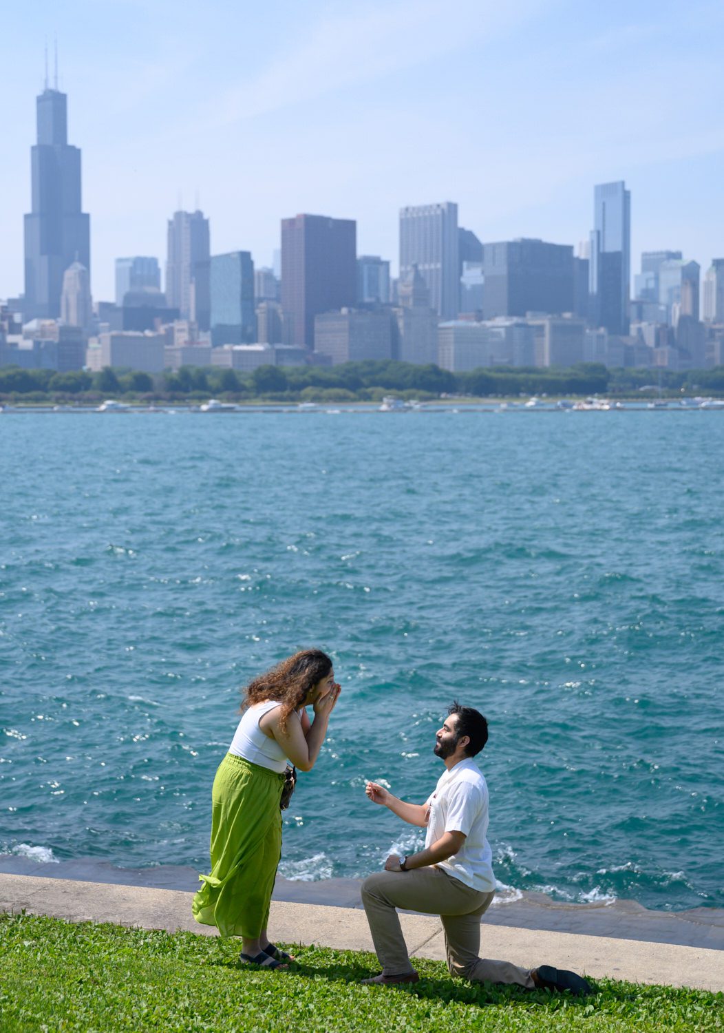 on bended knee adler planetarium proposal with lake michigan and skyline in background