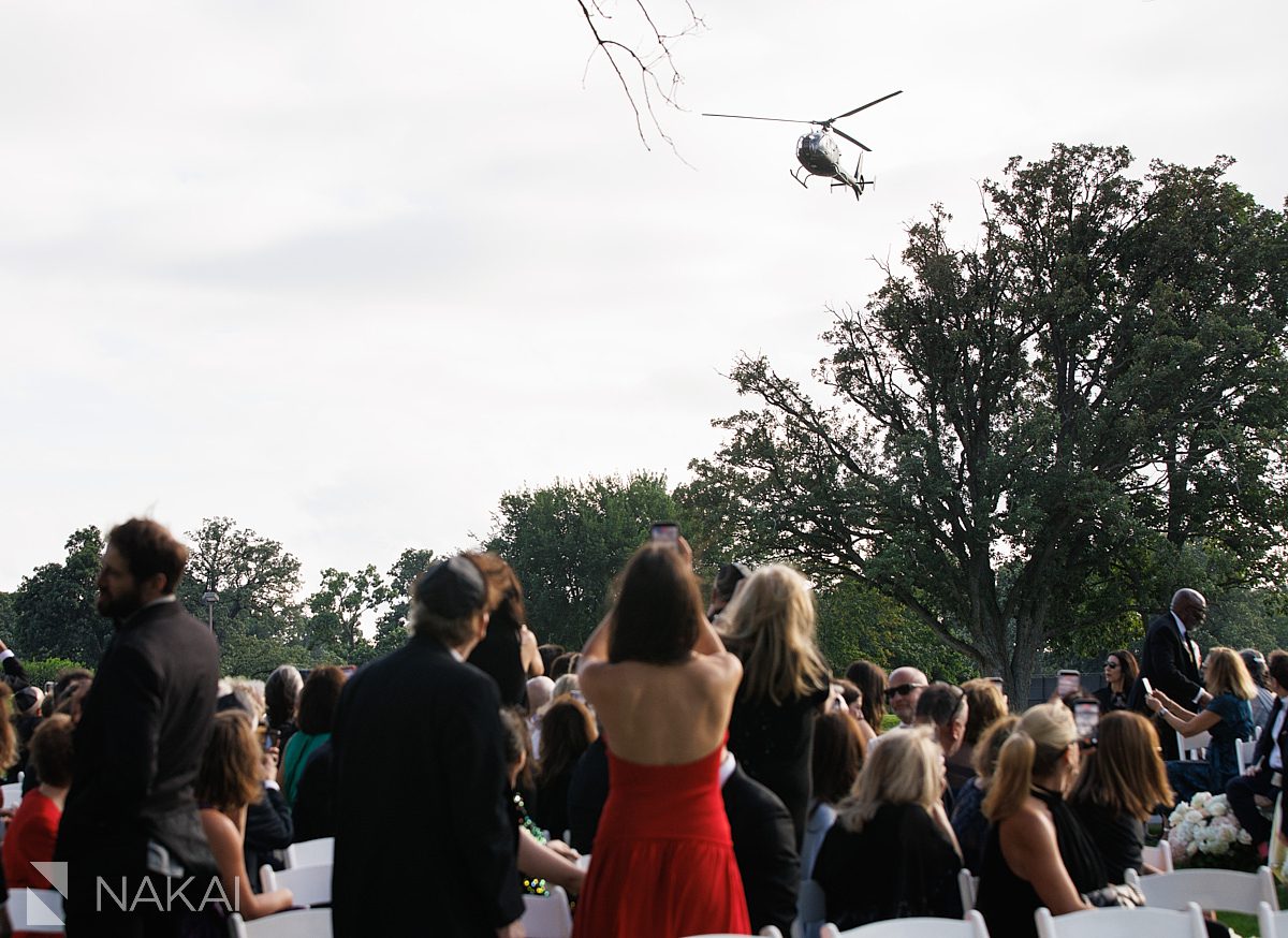 helicopter wedding entrance bride