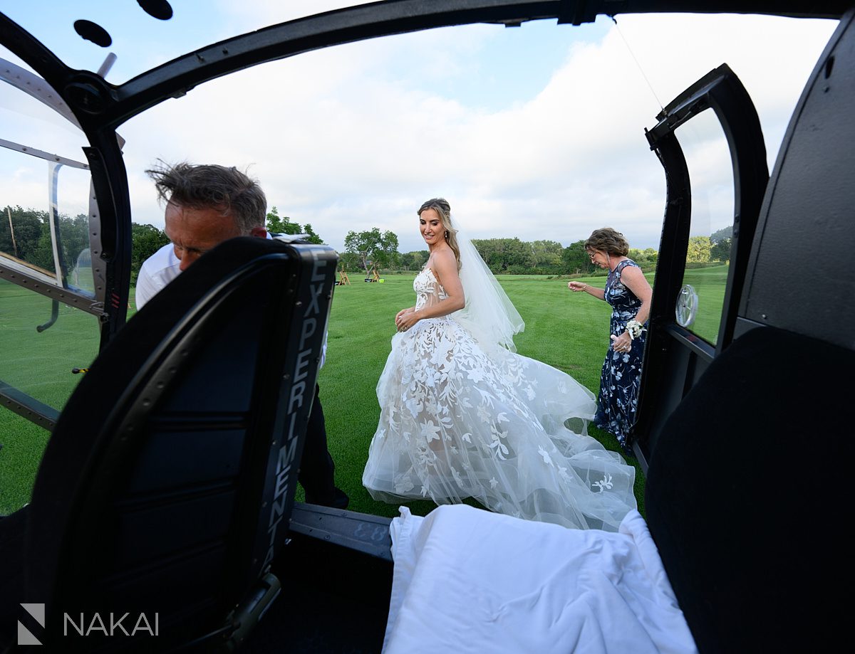 helicopter wedding entrance bride