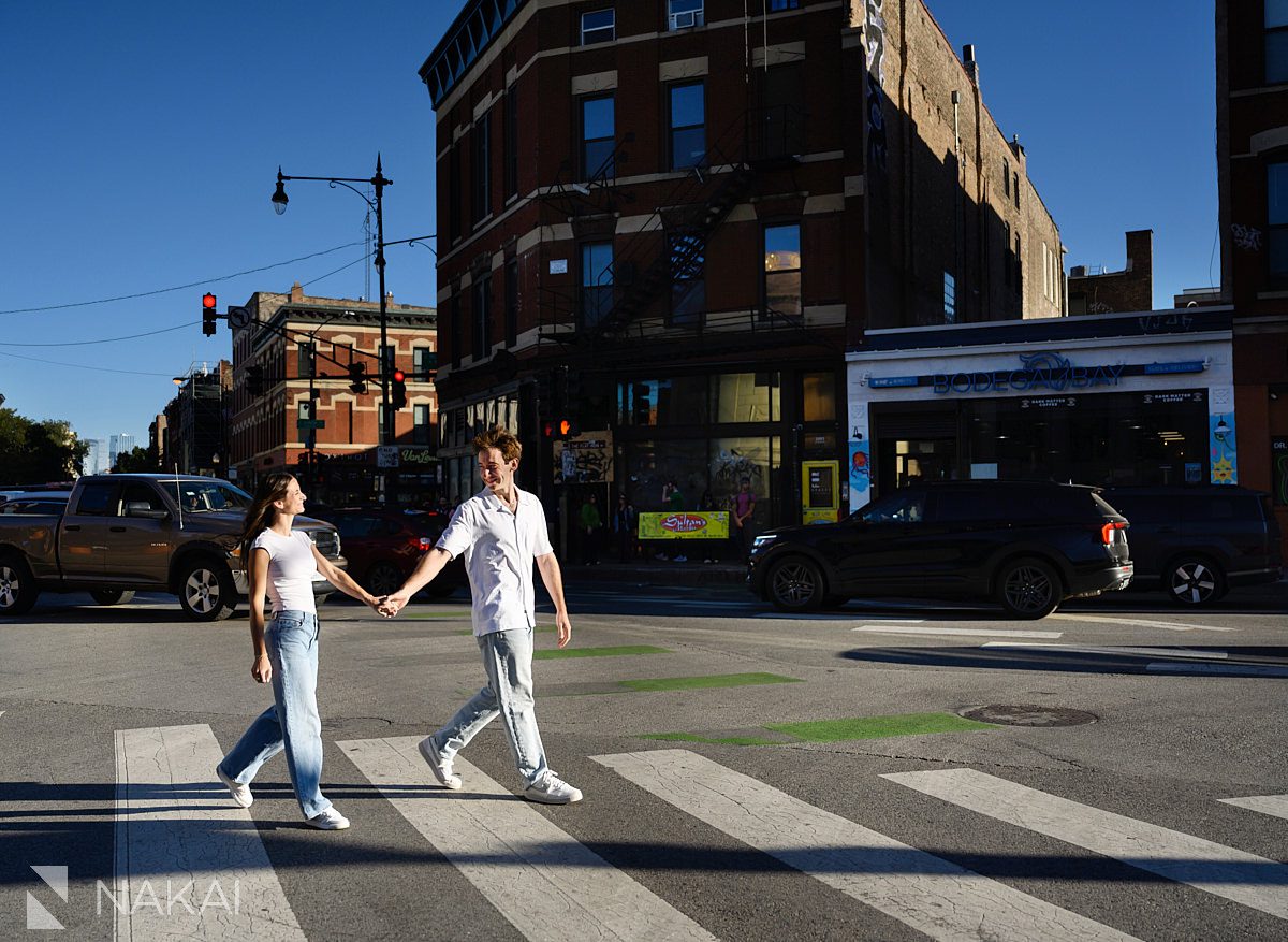 chicago street photography engagement photos in wicker park crosswalk
